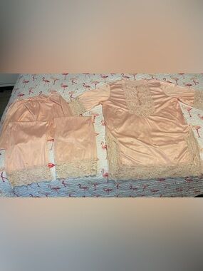 Lace Vintage Trim Satin Sleep Set - Blush Pink